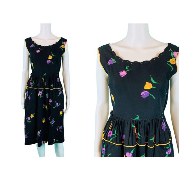 Vintage 1950s Tulip Print Dress Rhinestone Neckline CottonW 24"